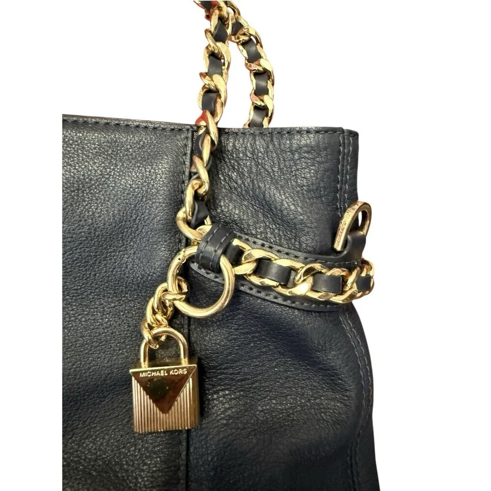 Michael Kors Navy Blue Pebbled Leather Chain Shoulder Tote Gold Lock Charm Bag